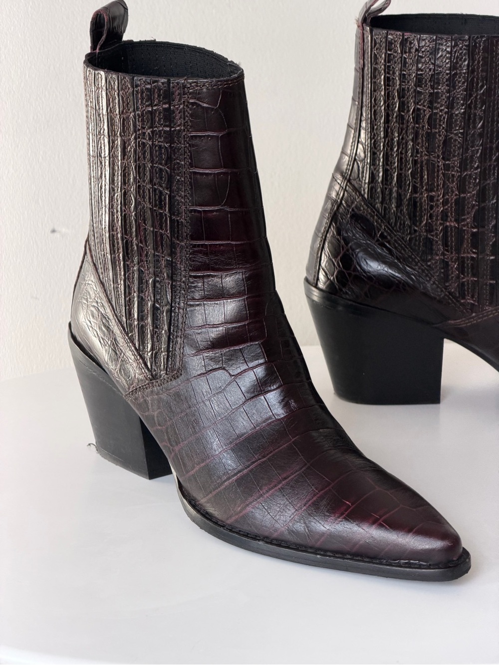 Zara Croc-Embossed Pointed Ankle Boots in Dark Burgundy